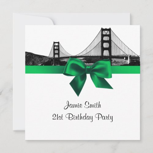 San Fran Skyline Etched BW Dk Emerald  SQ Birthday Invitation