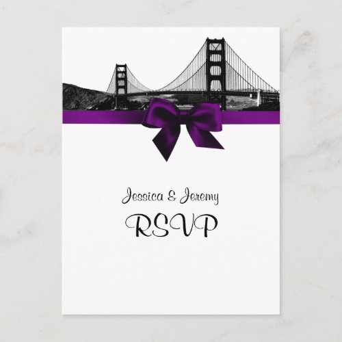 San Fran Skyline Etched BW Purple RSVP 1 Invitation Postcard