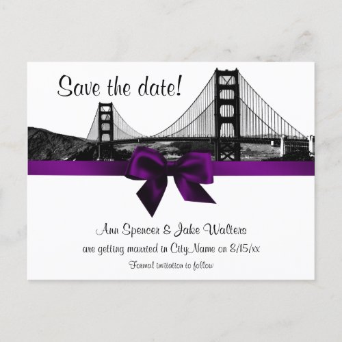 San Fran Skyline Etched BW Purple Save the Date Announcement Postcard