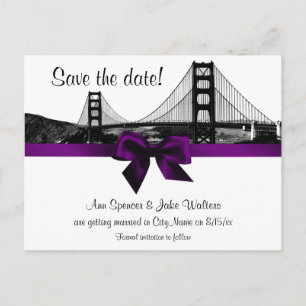 San Fran Skyline Etched BW Purple Save the Date Announcement Postcard
