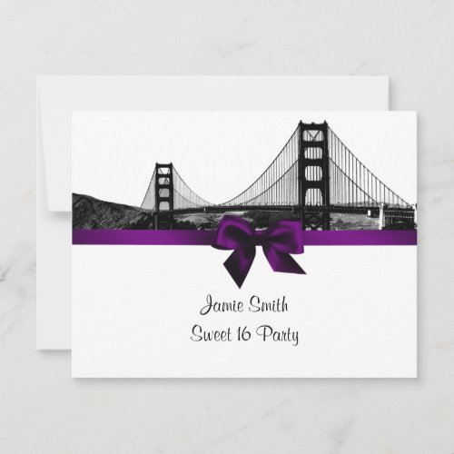 San Fran Skyline Etched BW Purple Sweet Sixteen H Invitation