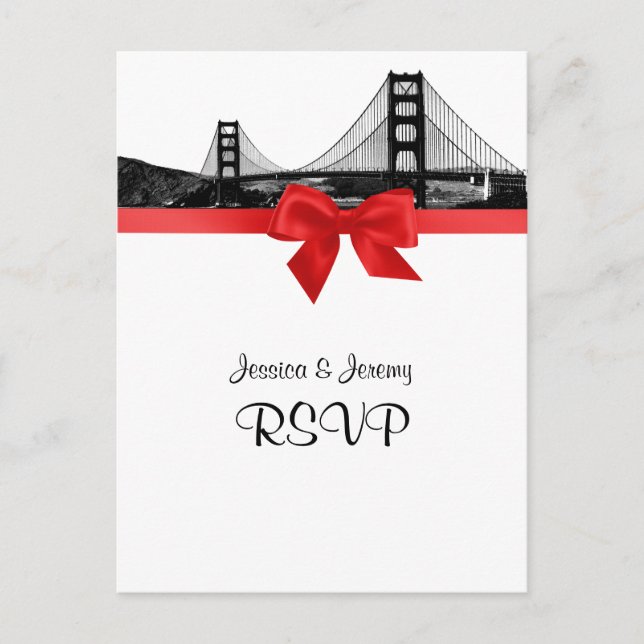 San Fran Skyline Etched BW Red RSVP 1 Invitation Postcard (Front)