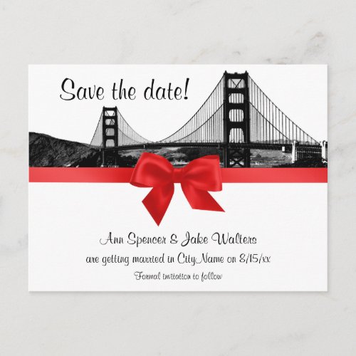 San Fran Skyline Etched BW Red Save the Date Announcement Postcard