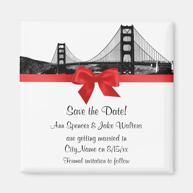 San Fran Skyline Etched BW Red Save the Date Magnet (Front)