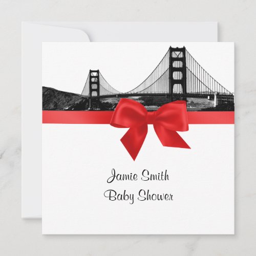 San Fran Skyline Etched BW Red SQ Baby Shower Invitation