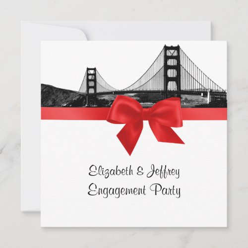 San Fran Skyline Etched BW Red SQ Engagement Party Invitation