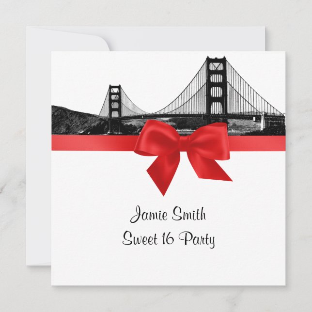 San Fran Skyline Etched BW Red Sweet Sixteen SQ Invitation (Front)