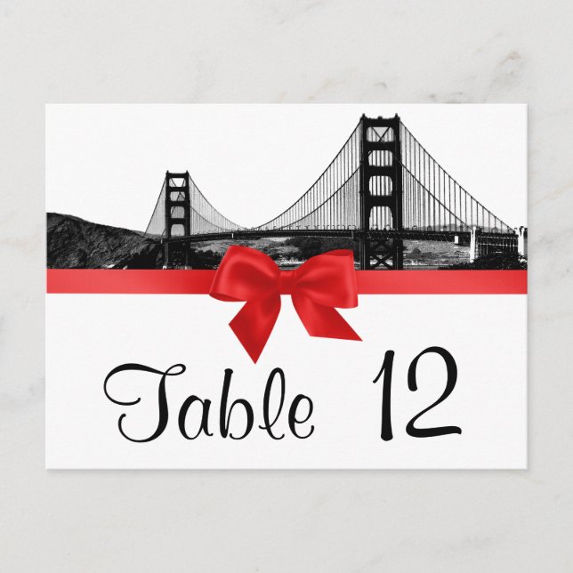 San Fran Skyline Etched BW Red Table Number (Front)