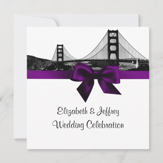 San Fran Skyline Etched BW SQ Purple Wedding Invitation (Front)