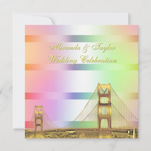 San Fran Skyline Gold Pastel Rainbow SQ Wedding Invitation