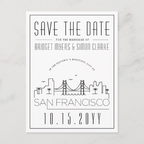 San Fran Wedding  Stylized Skyline Save the Date Postcard
