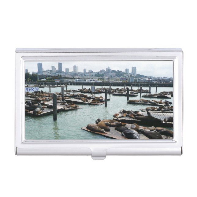 San Francisco and Pier 39 Sea Lions City Skyline Business Card Case (Front)