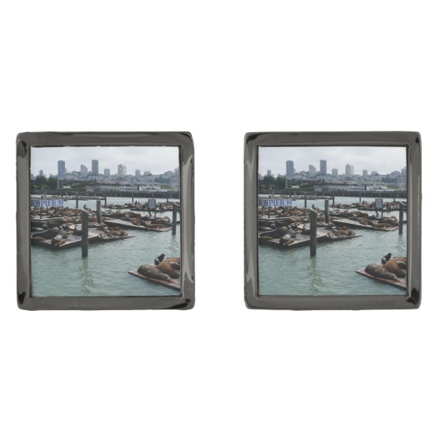 San Francisco and Pier 39 Sea Lions City Skyline Cufflinks (Front)