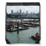 San Francisco and Pier 39 Sea Lions City Skyline Drawstring Bag