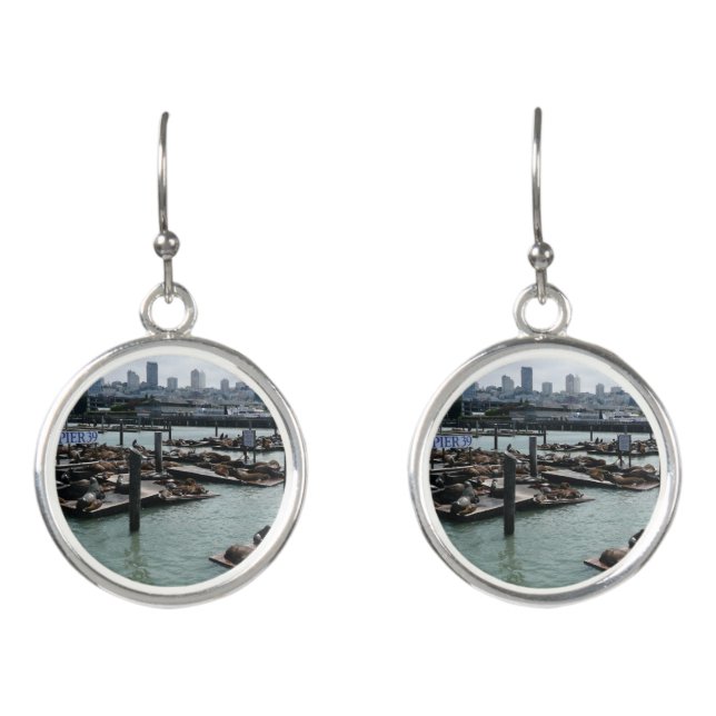 San Francisco and Pier 39 Sea Lions City Skyline Earrings (Front)