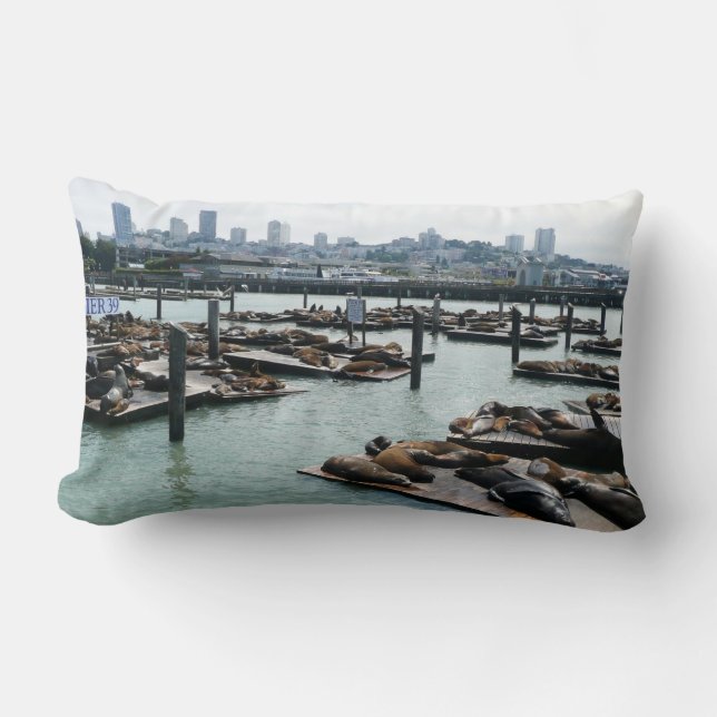 San Francisco and Pier 39 Sea Lions City Skyline Lumbar Pillow (Front)