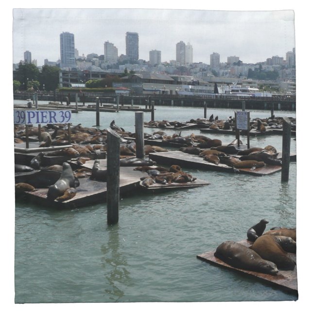 San Francisco and Pier 39 Sea Lions City Skyline Napkin (Front)