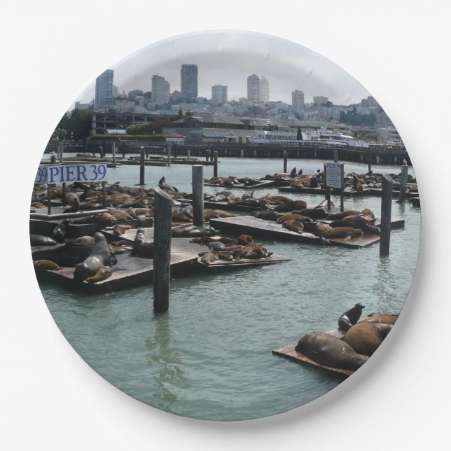 San Francisco and Pier 39 Sea Lions City Skyline Paper Plates (Front)