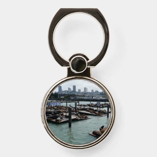 San Francisco and Pier 39 Sea Lions City Skyline Phone Ring Stand (Front)