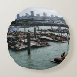 San Francisco and Pier 39 Sea Lions City Skyline Round Pillow