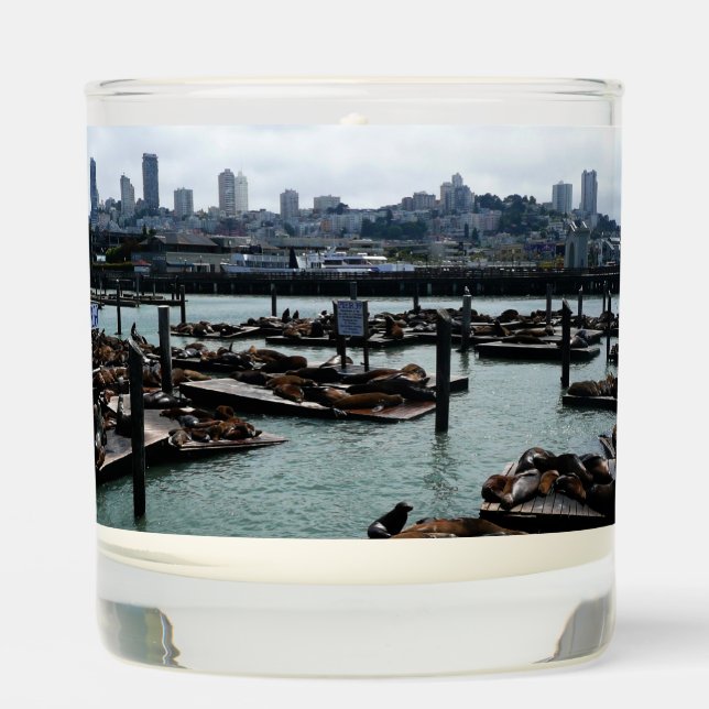 San Francisco and Pier 39 Sea Lions City Skyline Scented Candle (Front)