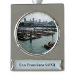 San Francisco and Pier 39 Sea Lions City Skyline Silver Plated Banner Ornament