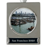San Francisco and Pier 39 Sea Lions City Skyline Silver Plated Banner Ornament