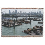 San Francisco and Pier 39 Sea Lions City Skyline Throw Blanket