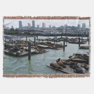 San Francisco and Pier 39 Sea Lions City Skyline Throw Blanket