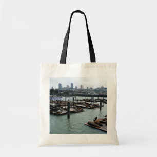 San Francisco and Pier 39 Sea Lions City Skyline Tote Bag