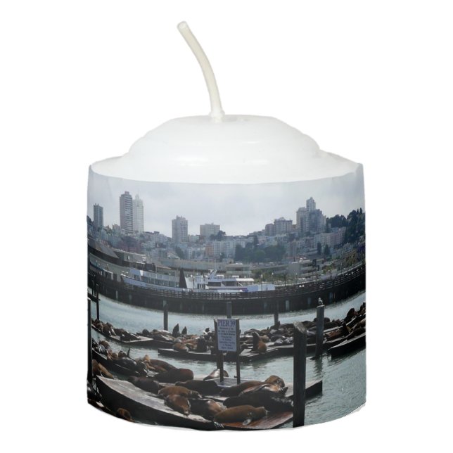 San Francisco and Pier 39 Sea Lions City Skyline Votive Candle (Front)