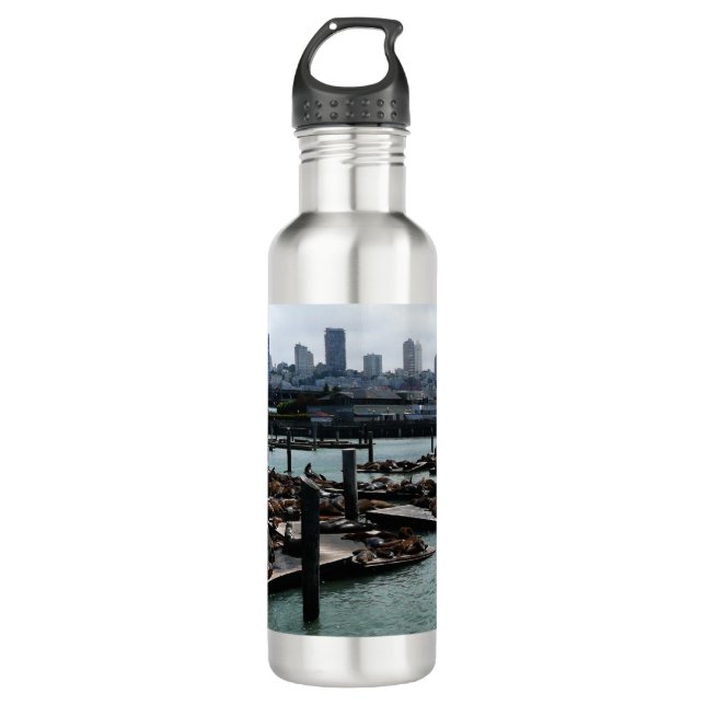 San Francisco and Pier 39 Sea Lions City Skyline Water Bottle (Front)