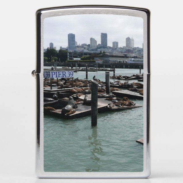 San Francisco and Pier 39 Sea Lions City Skyline Zippo Lighter (Front)
