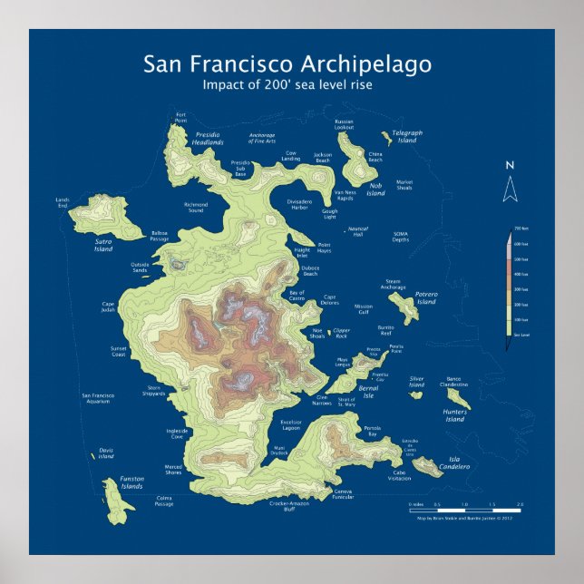 San Francisco Archipelago, 200' sea level rise 24" Poster (Front)
