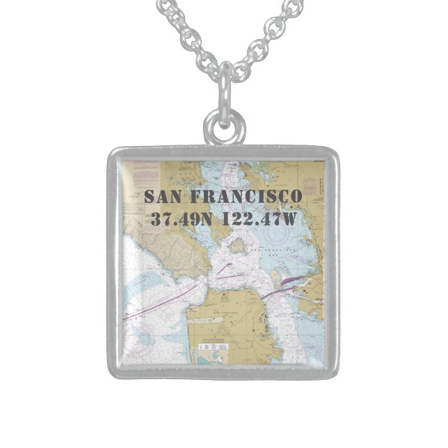 San Francisco Bay CA Latitude Longitude Nautical Sterling Silver Necklace (Front)