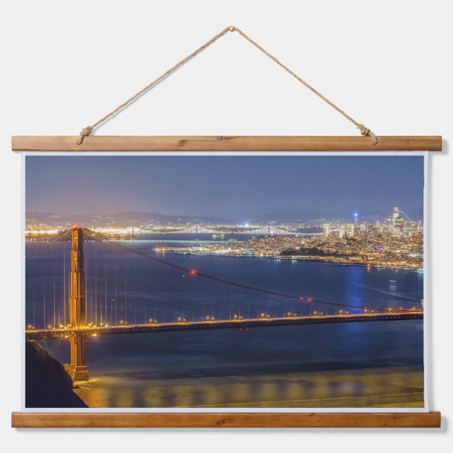 San Francisco Bay Golden Gate Bridge at Night Hanging Tapestry (Front)