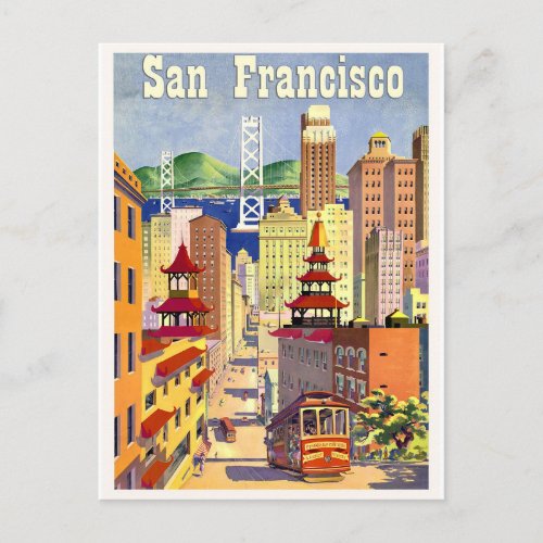 San Francisco buildings street center tramway Postcard