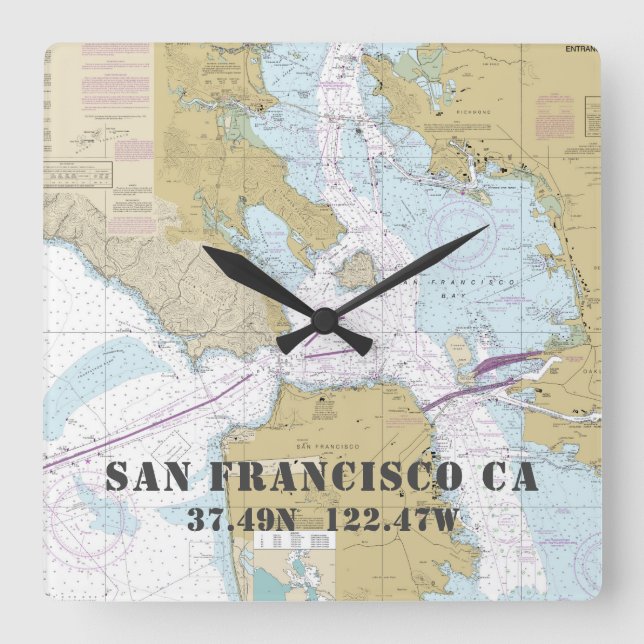 San Francisco CA Latitude Longitude Nautical Chart Square Wall Clock (Front)