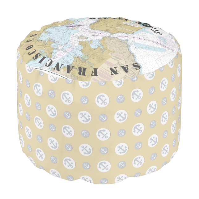 San Francisco CA Nautical Theme Teal/Tan Anchors Pouf (Angled Front)