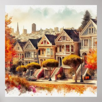 San Francisco CA Victorian Homes in Autumn 