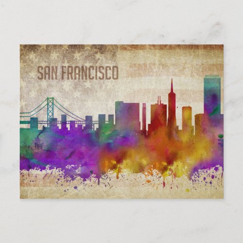 San Francisco CA Watercolor City Skyline Postcard