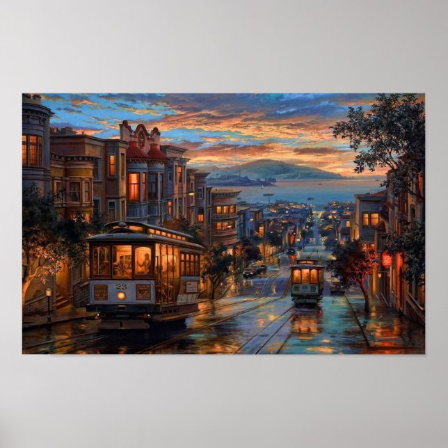 San Francisco Cable Car Sunset - Rainy Reflections Poster (Front)