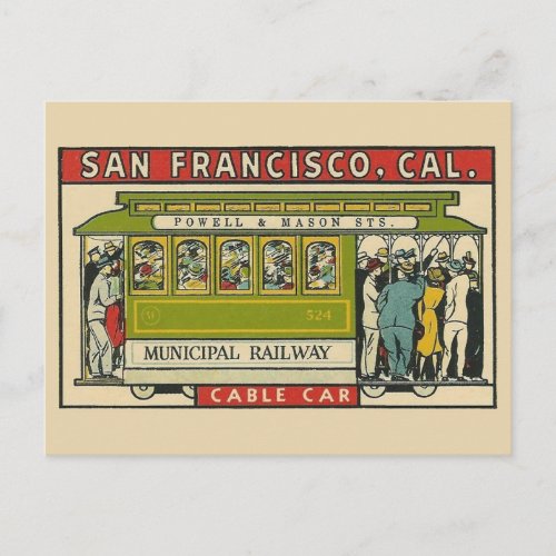 San Francisco Cable Car Vintage Travel  Postcard