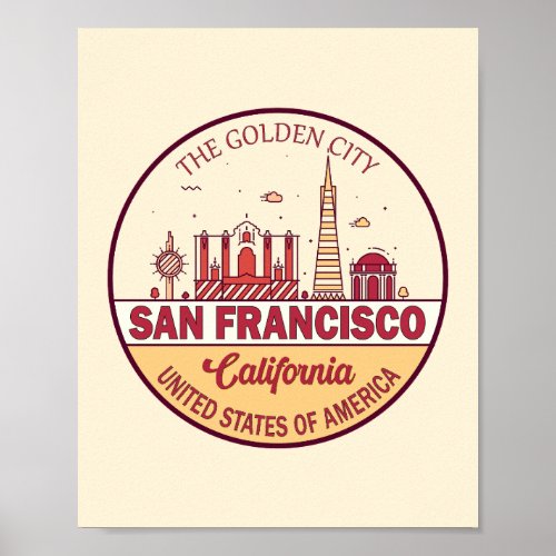 San Francisco California City Skyline Emblem Poster