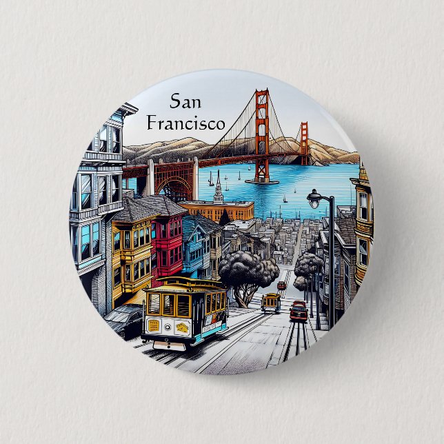San Francisco, California Comic Book Style Art Button (Front)