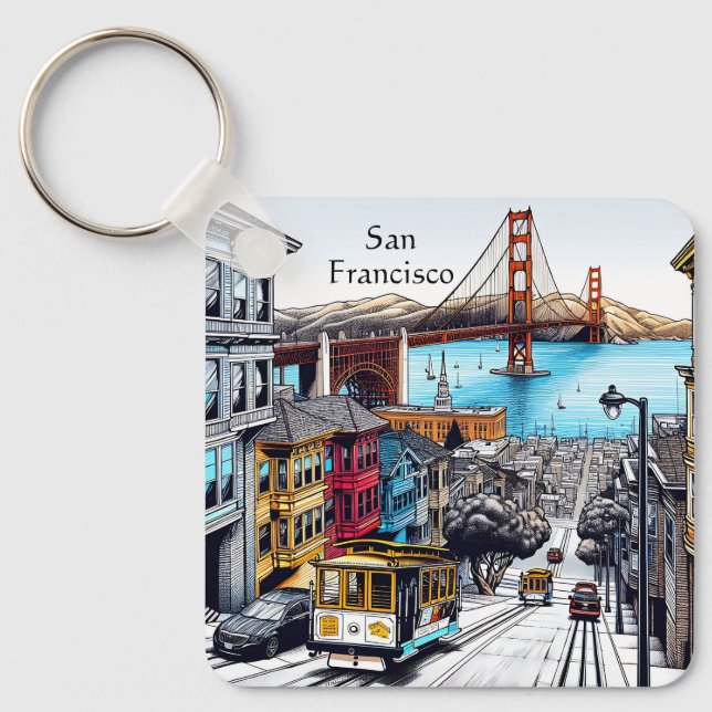 San Francisco, California Comic Book Style Art Keychain (Front)