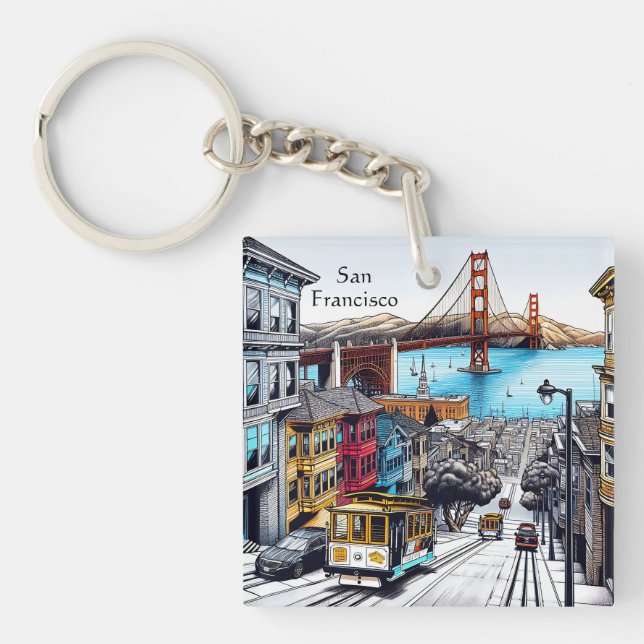 San Francisco, California Comic Book Style Art Keychain (Front)