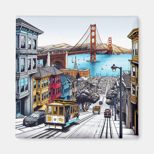 San Francisco, California Comic Book Style Art Magnet | Zazzle