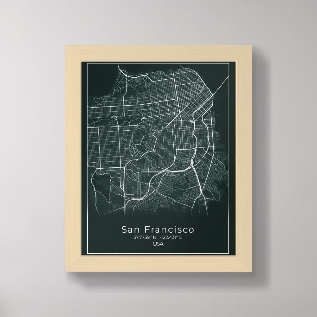 San Francisco City Map - San Francisco Bleu Map Framed Art (Framed Front)