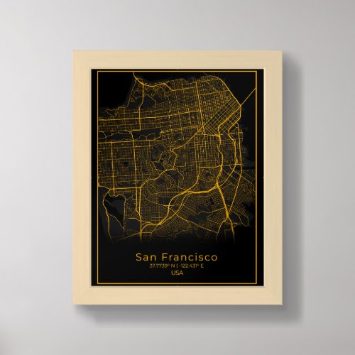 San Francisco City Map _ San Francisco Golden Map Framed Art
